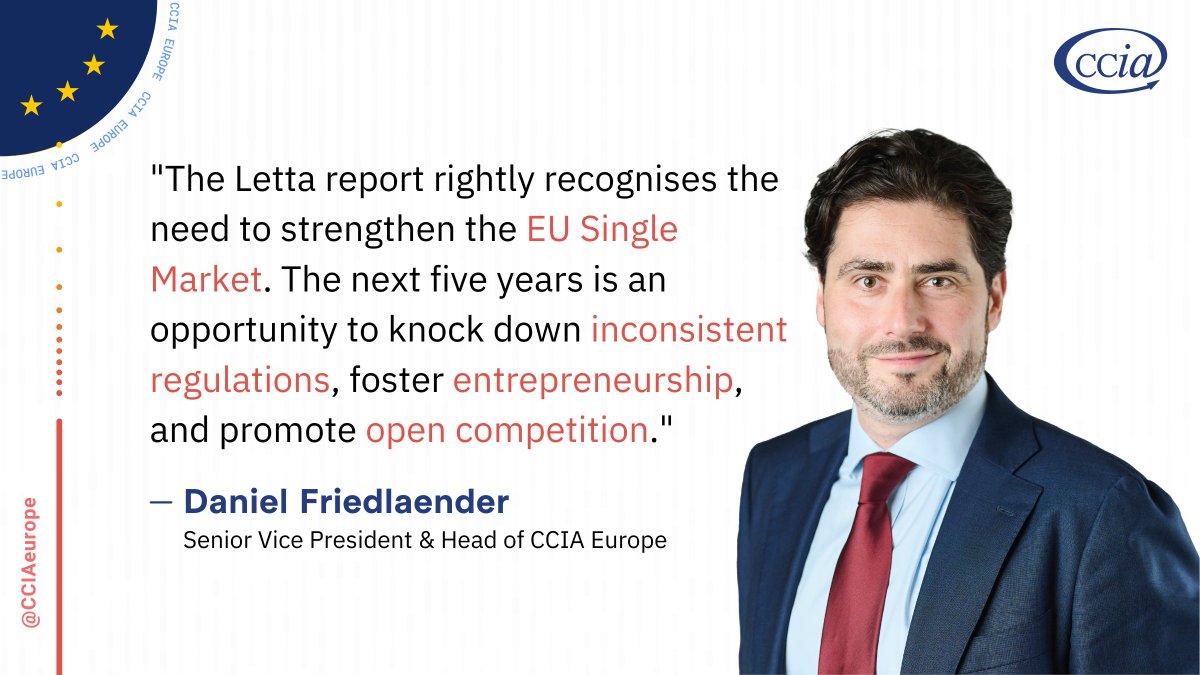 Press release 📑 CCIA Europe Statement on the EU #SingleMarket Report 💬 'The #Letta report rightly recognises the need to strengthen the 🇪🇺 Single Market. The next five years is an opportunity to knock down inconsistent #regulations, foster #entrepreneurship, and promote