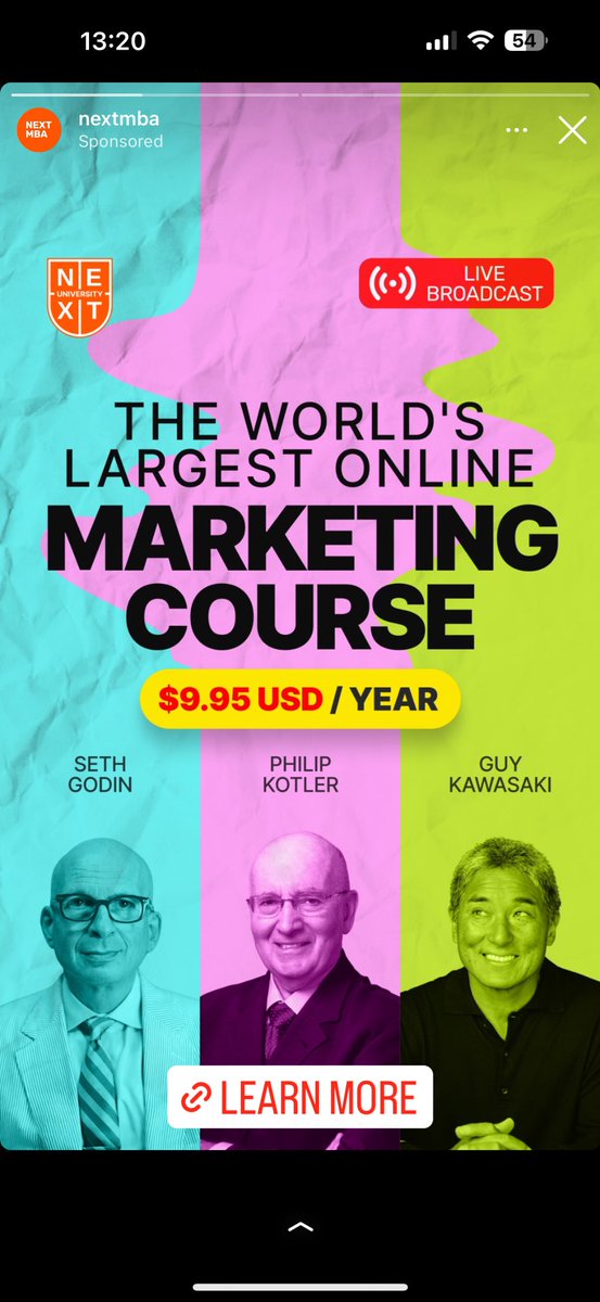 Just because you have a big name it doesn’t mean you can lie to people.

This “Next MBA” IG page is running a course with none other than Seth Godin & Guy Kawasaki.

6 months ago price was $899.

4 months ago $399.

Now it’s $9.95.

This is why people think marketing = scamming.