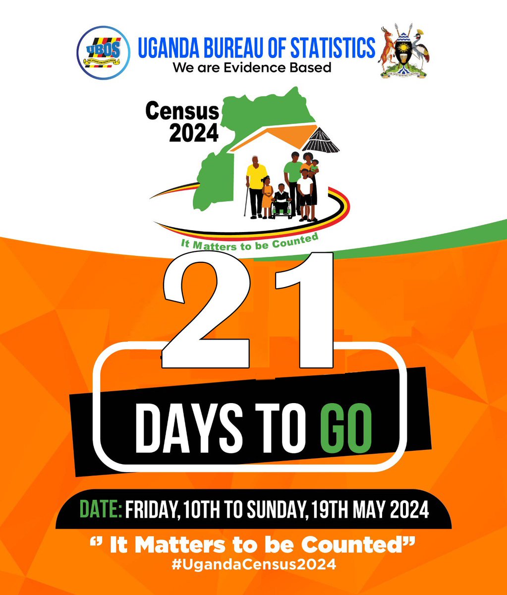 21 days to go into the national population census 9th May will be the census night & counting of people will start on the 10th of May (it will be a public holiday) Do not afford to miss out on being counted for it is for purposes of resource distribution. #ObwakabakaBwaBuganda