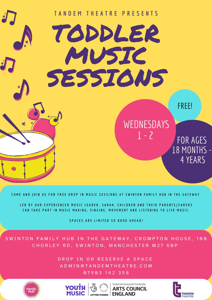 🎉 Today’s The Day! 🎉

Our toddler music sessions start today at Little Hulton Family Hub 11-12 & Swinton Family Hub in the Swinton Gateway 1-2 @SalfordCouncil 

Led by our experienced music musician @mad_atter Funded by @YouthMusic