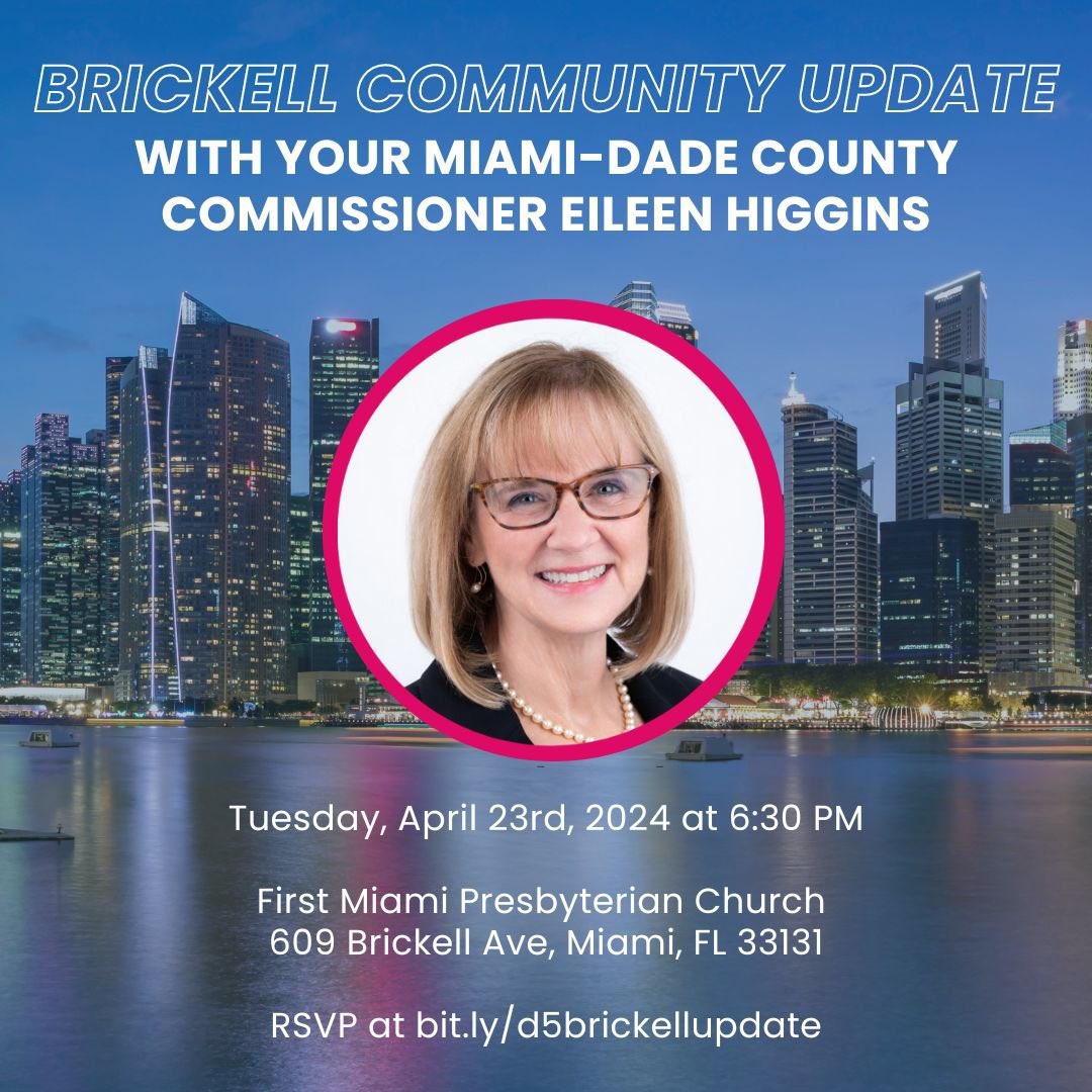 Join other Brickell neighbors on Tuesday April 23 to hear from <a href="/CommishEileen/">Commissioner Eileen Higgins</a>. Thank you <a href="/BHAMiami/">Brickell Homeowners Association</a>