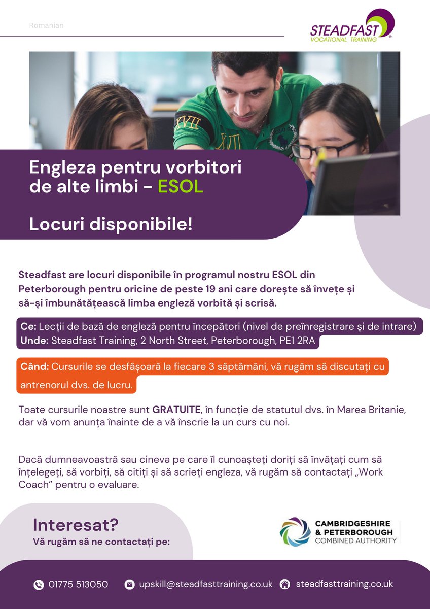 Are you looking to improve your English language skills? 🗣️

We are offering English courses for speakers of other languages ⭐

Join us today and take the first step towards enhancing your communication abilities!

#ESOL #CPCA #Peterborough #LanguageCourses