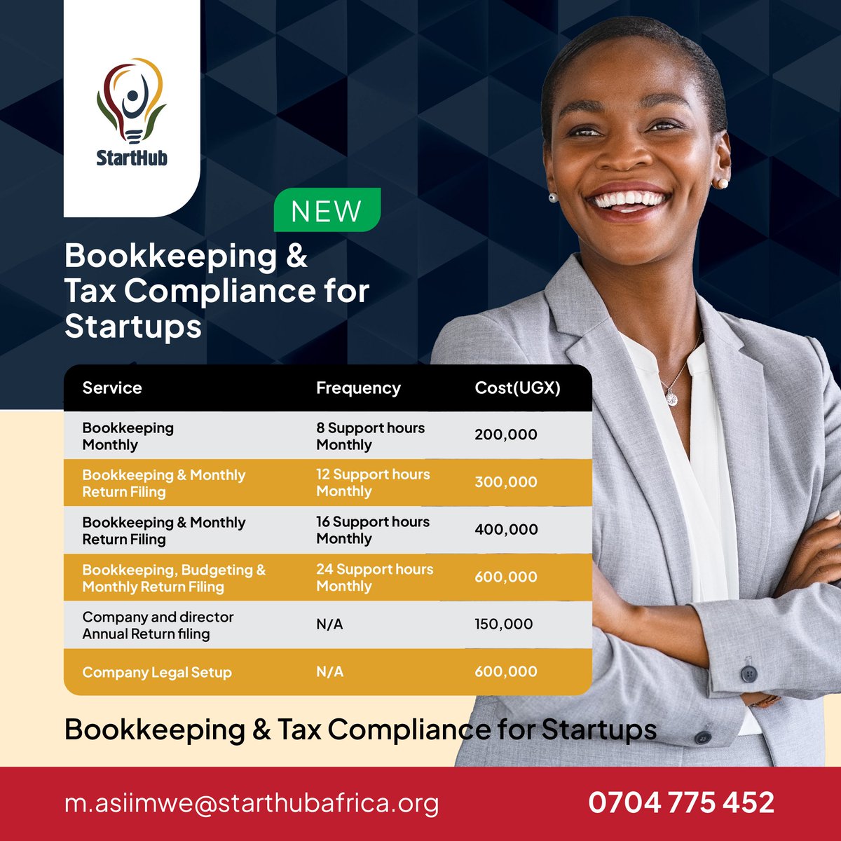 🤗Big News for Startup Enthusiasts.
Unlock seamless entrepreneurial journeys with our budget-friendly bookkeeping and tax compliance solutions.

Reach out today:
 m.aswiimwe@starthubafrica.org / 0704775452.
#Accountingservices 
#StartUps