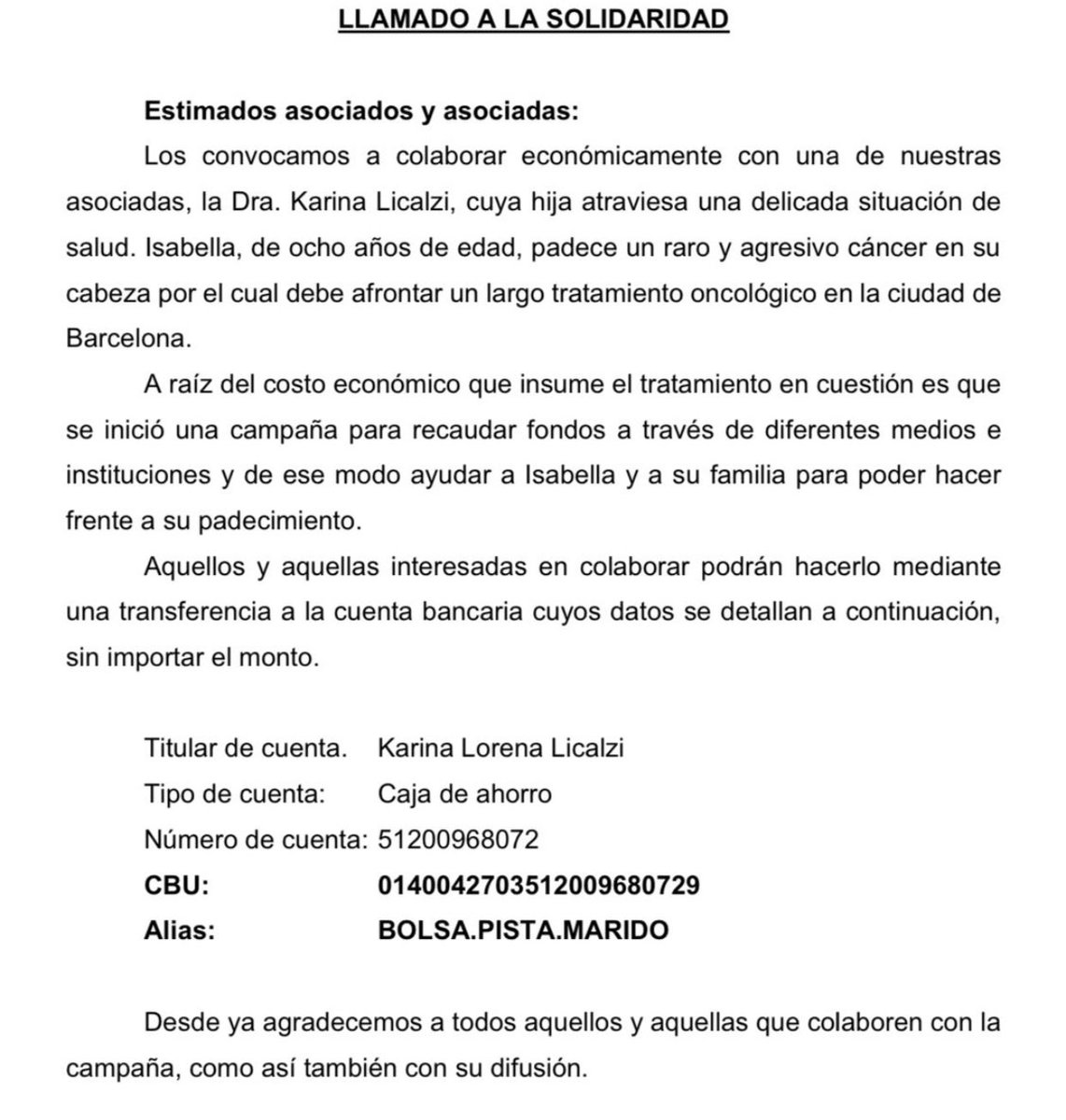 @unidosar @verolozanovl por favor pedimos difusión y colaboración. Es para Isabella de 8 años, padece un raro y agresivo cancer en su cabecita y el tratamiento oncologico es en Barcelona. #ayuda #solidaridad