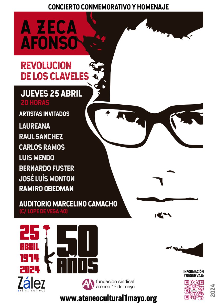 El jueves 25A conmemoramos en #CCOOMadrid el 50 aniversario de la Revolución de los Claveles 🇵🇹 Hemos organizado un concierto que será un homenaje a Zeca Afonso figura central de la música de intervención portugues 'O povo unido jamais será vencido' ✊ madrid.ccoo.es/cms.php?cd_cms…