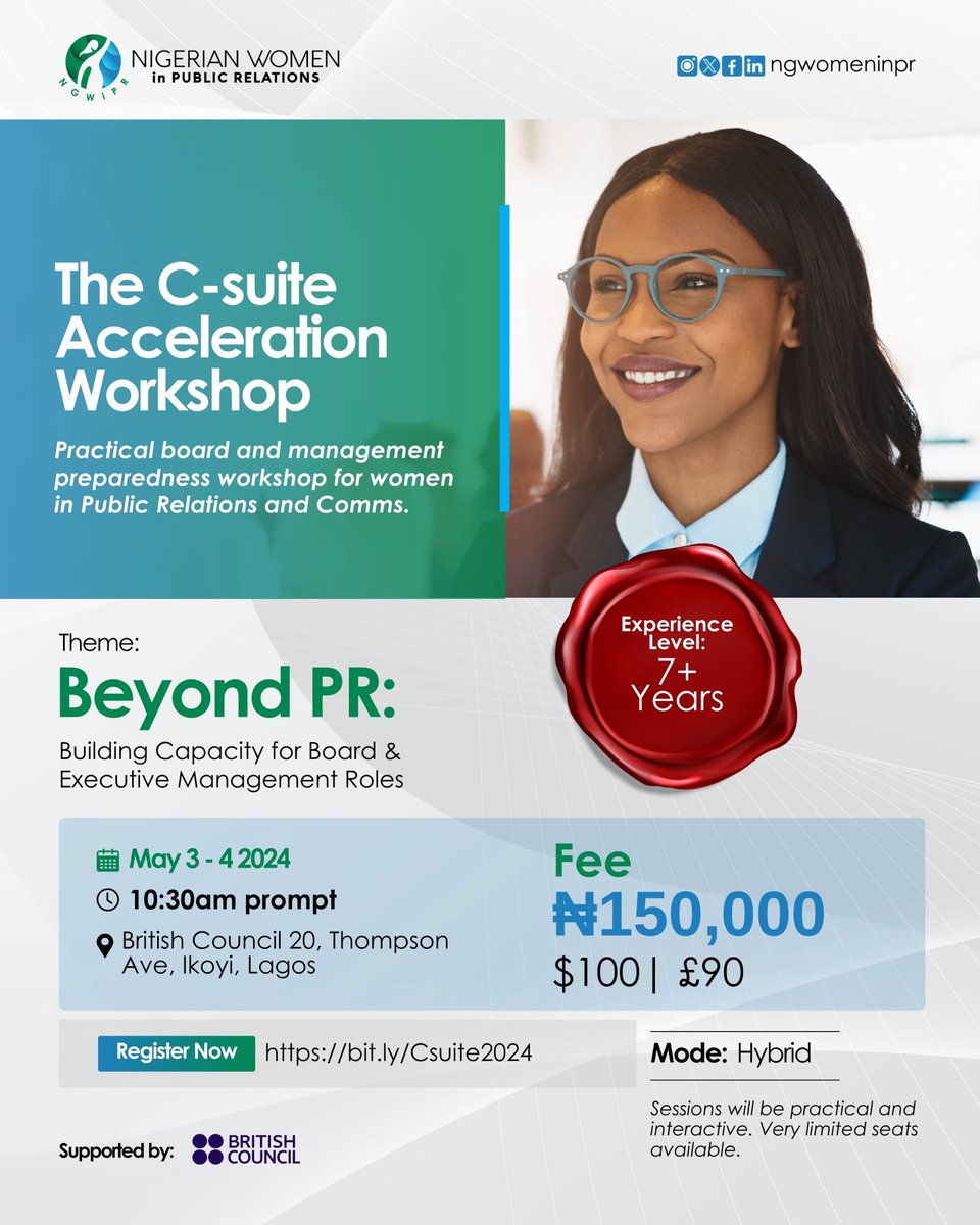 Join us for our C-suite acceleration annual workshop! For PR professionals with 7+ years' experience, this event merges PR skills with boardroom and management tactics.

Register now: bit.ly/Csuite2024

#NGWomeninPR #csuiteworkshop #careeradvancement