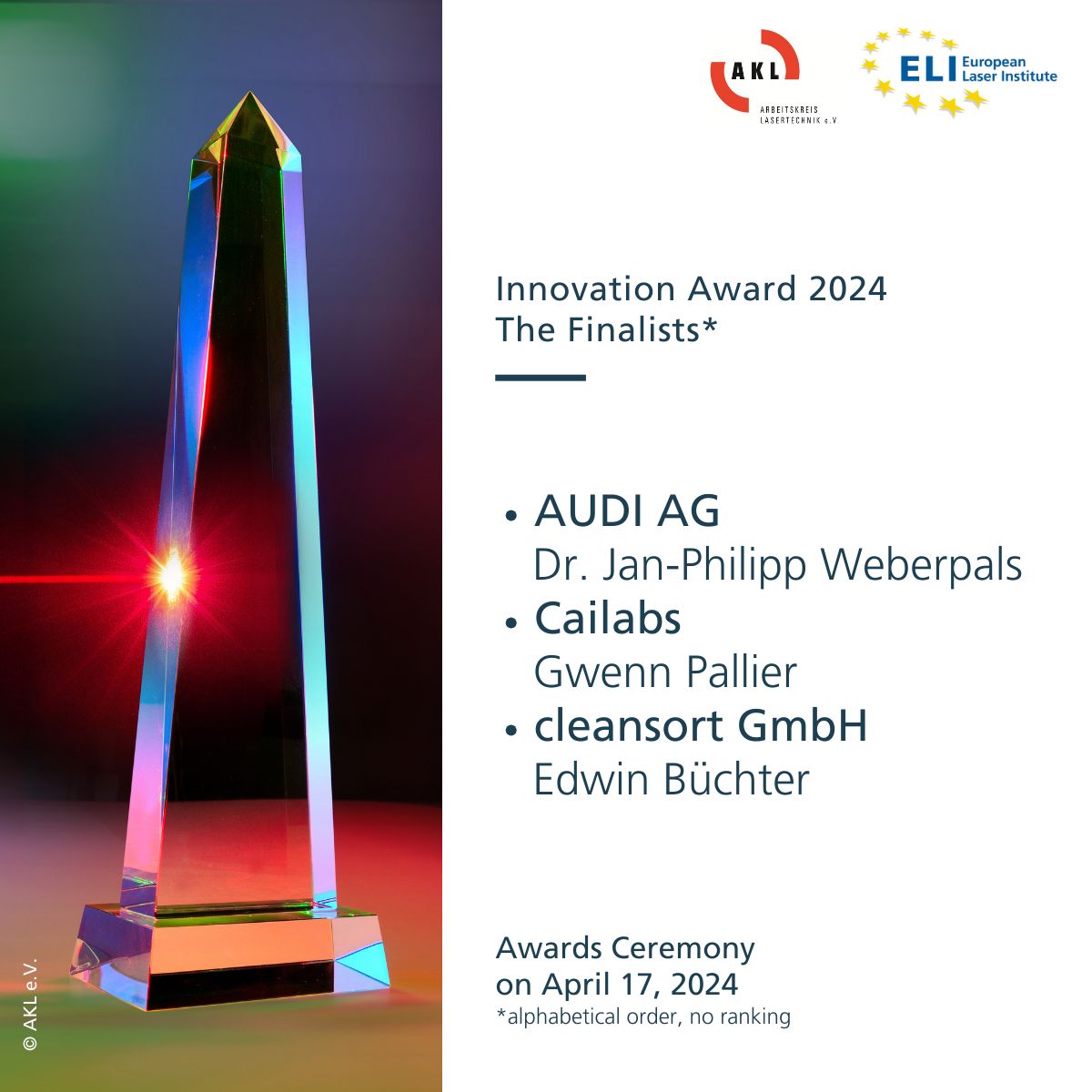 We're proud to announce that Cailabs is among the finalists of the Innovation Award Laser Technology 2024! The official presentation of the finalists will be presented in the Coronation Hall of the City Hall in Aachen during AKL24 (@akl_verein).

#Lasertechnology #AKL24 #Cailabs