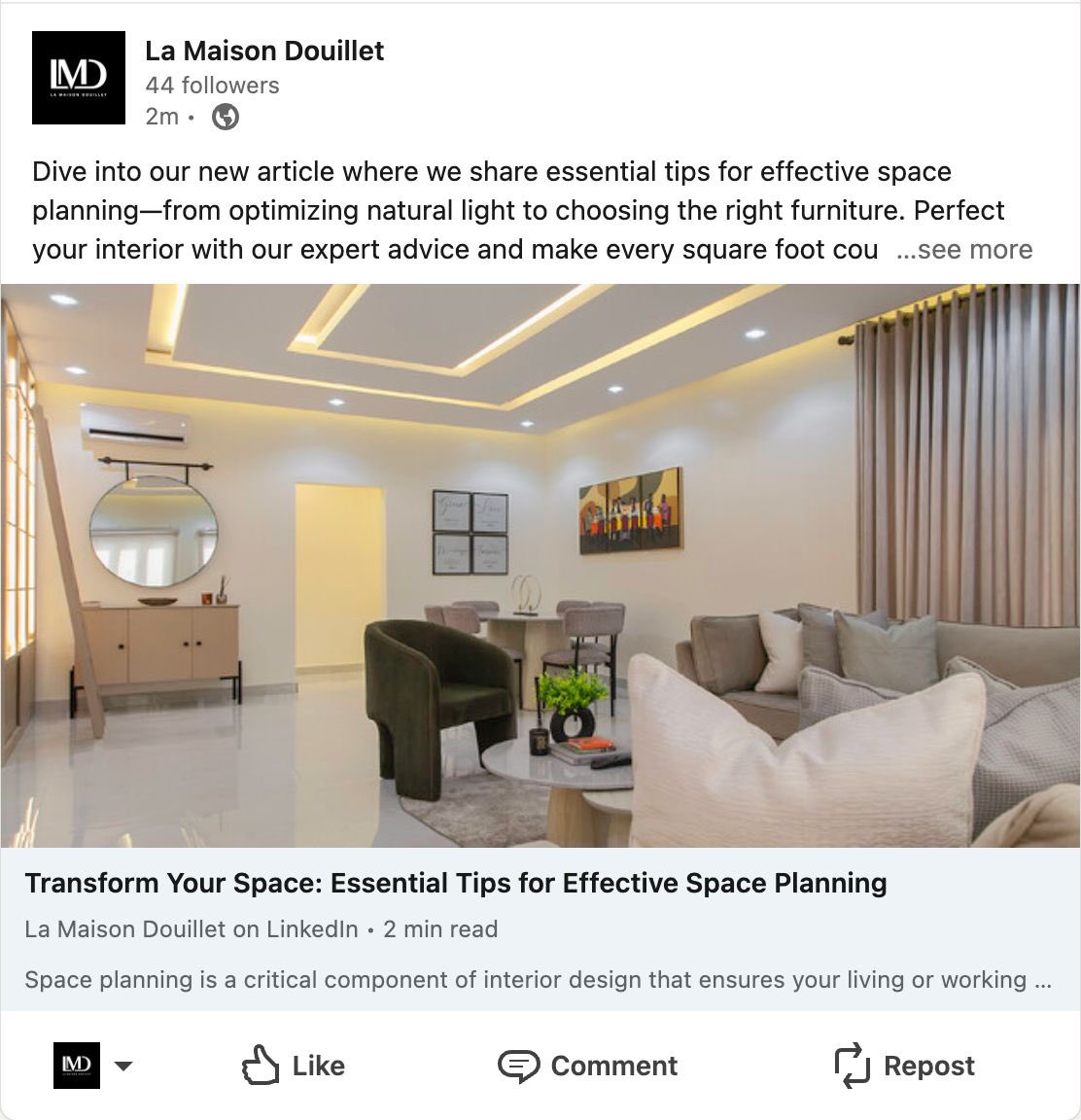 lmd_ng's tweet image. Check out our latest article where we share essential tips for effective space planning—from optimizing natural light to choosing the right furniture.
#InteriorDesign #SpacePlanning #LMDInteriors 
 
Here’s the link 👇🏽
linkedin.com/feed/update/ur…