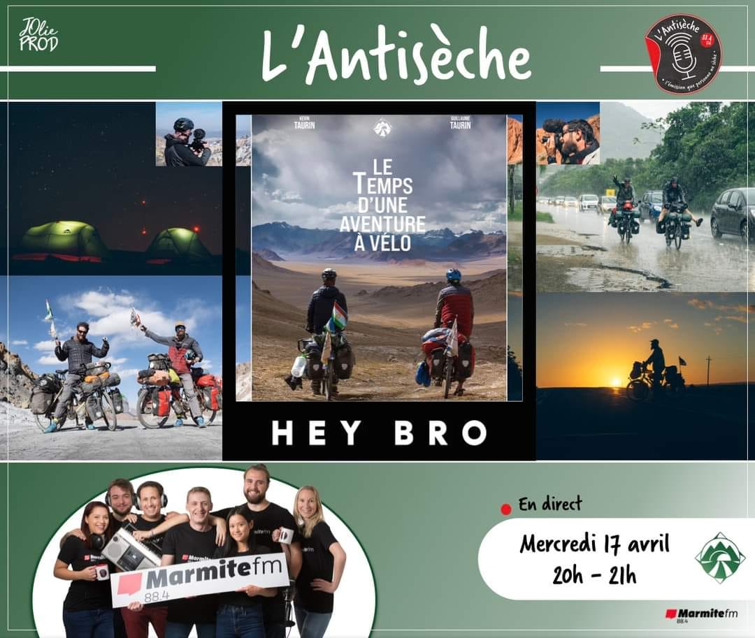 HeyBroTrip's tweet photo. Ce soir @KewinTo est en direct sur Marmite FM dans l'émission L'ANTISECHE à partir de 20h pour parler de vélo, de voyage et du documentaire Le Temps d'une aventure à vélo (que vous pouvez venir voir samedi soir à Cernay La Ville) #Bisous https://t.co/wQgIO5UgqJ https://t.co/w3WUa2kIFb