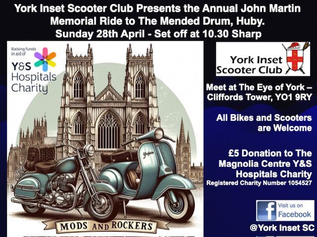 🛵The Scooters are coming out in force! 🛵 Join in or watch the start/finish of this fantastic memorial ride in aid of The Magnolia Centre in York, for Cancer patients and their loved ones. 🛵 Clifford’s Tower at 10.30am on Sunday the 28th of April 🛵 buff.ly/3Uiv00D