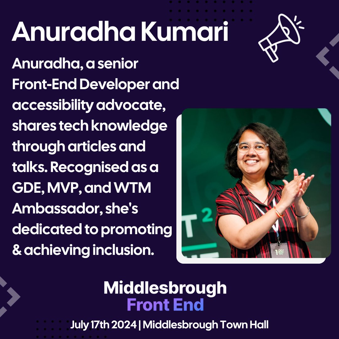 Meet Anuradha @miracle_404, our next keynote speaker for MFE24!🙌 As a senior Front-End Developer and accessibility advocate, she's on a mission to make the web more inclusive. Join us as she shares her insights & tech expertise! 🎫 middlesbroughfe.co.uk