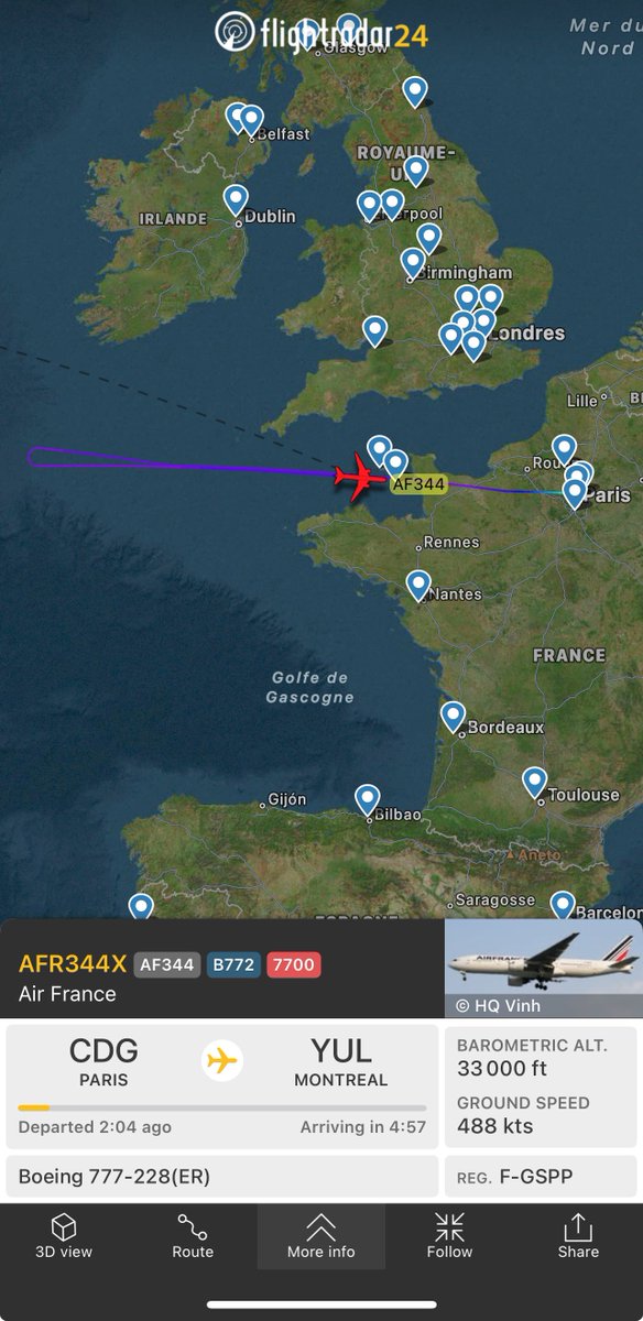 ✈️🆘↩️ #AirFrance flight #AF344 #AFR344X aircraft #B772 (F-GSPP) operating on April 17th, 2024 between #Paris #CharlesDeGaulle #CDG #LFPG 🇫🇷 and #Montreal #YUL #CYUL 🇨🇦 has declared #emergency via #squawk7700 for as yet unknown reason and is currently returning to #CDG