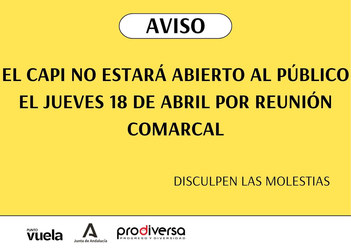 Mañana jueves 18 de Abril el #PuntoVuela no estará abierto al público por reunión comarcal @PuntosVuela en @CAPIVelez @Prodiversa @Manuel_DT