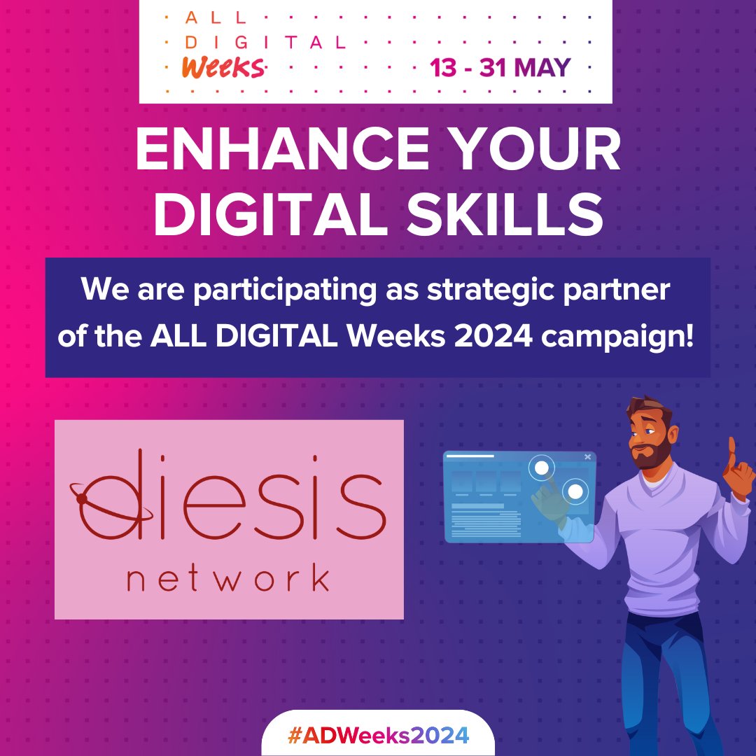 We are glad to be a strategic partner of the #AllDigitalWeeks campaign!
The motto for #ADWeeks2024: 
🔊Enhance your digital skills: a call to action to learn new skills, both basic and advanced, to be able to face digital transformation with confidence. 

alldigitalweeks.eu