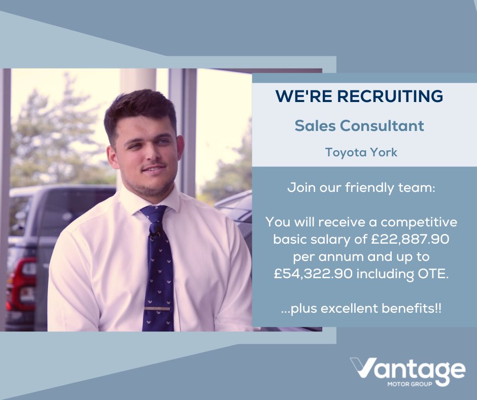 🌟 Join our dynamic team at Vantage Toyota York as a Sales Consultant! Are you ready to drive success and passion for Toyota? Apply today! #Recruitment #NewJob #SalesConsultant #AutomotiveCareers Apply here - ow.ly/Umwk50RhY4A