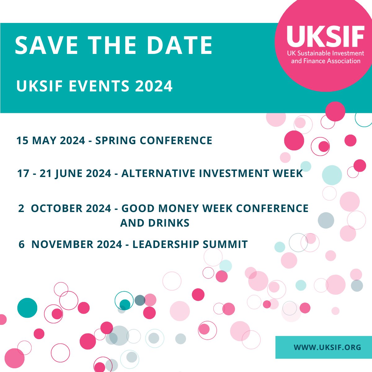 Check out the exciting line-up of UKSIF events this year. Be sure to save the date and keep checking our social media channels for announcements about registrations. For more details: uksif.org/events/ #Events #SaveTheDate
