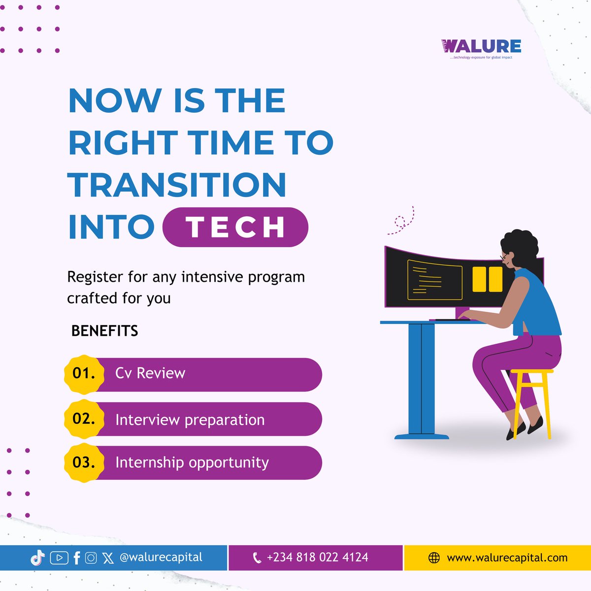 Embrace the future – now is the perfect moment to make the leap into the world of tech. Whether you're a seasoned professional or a curious beginner, there's never been a better time to dive into the endless possibilities of technology.

#walureacademy
#walurecapital
#walure…