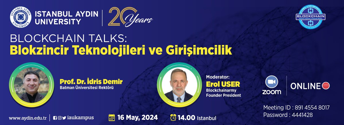 We will happy to see you among us in our webinar about 'Blockchain Talks: Blokzincir Teknolojileri ve Girişimcilik' on May 16 2024, 02:00 PM, İstanbul.

@drmaydin 
@IAUKampus