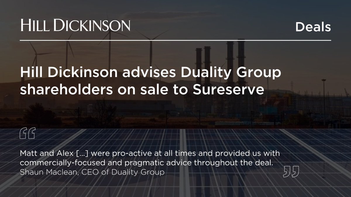 Great to have advised the shareholders of Duality Group Limited a provider of heating, energy saving and renewable solutions, on the sale of the Duality Group to @SureserveGroup. Corporate partner and the head of our Liverpool office, Matt Noon, advised on the transaction with