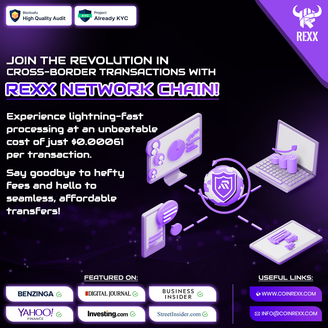 RexxCoin's tweet photo. β¨ Join the #Revolution in cross-border Transactions with π° #RexxNetwork Chain!
Experience lightning-fast processing at an unbeatable cost of just πΈ $0.00061 per #transaction.
π Say goodbye to hefty #fees and hello to seamless, affordable #transfers!
π Join us : https://t.co/vkkKXBdo2e
.
#investing #cryptocoin #investment #bitcoins #invest #investor #cryptoinvestor #cryptomarket #cryptoworld #altcoins #cryptoexchange #cryptoinvesting #altcoin #RexxRevolution