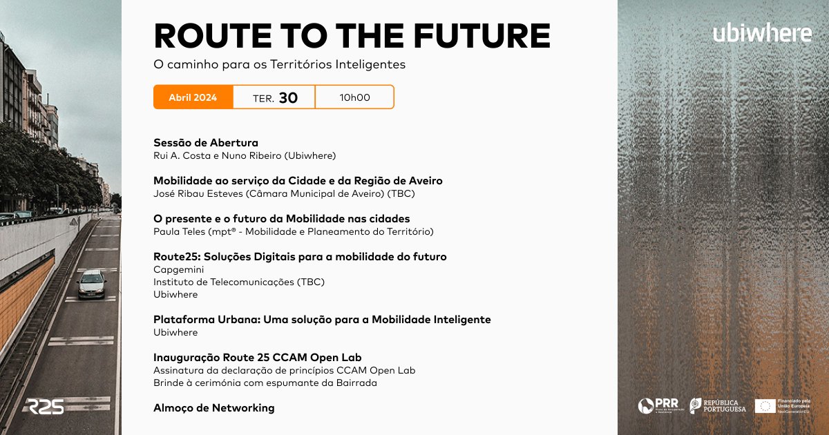 🔊 SAVE THE DATE: 📌 “ROUTE TO THE FUTURE: O caminho para os Territorios Inteligentes“ is almost here. This upcoming event by @ubiwhere is focused on the #Route25 project! 🔜 🚙 👉 Do you want to know the program we have for this day? 👉 Join us! forms.gle/2rzJmNZ5xnyp4A…