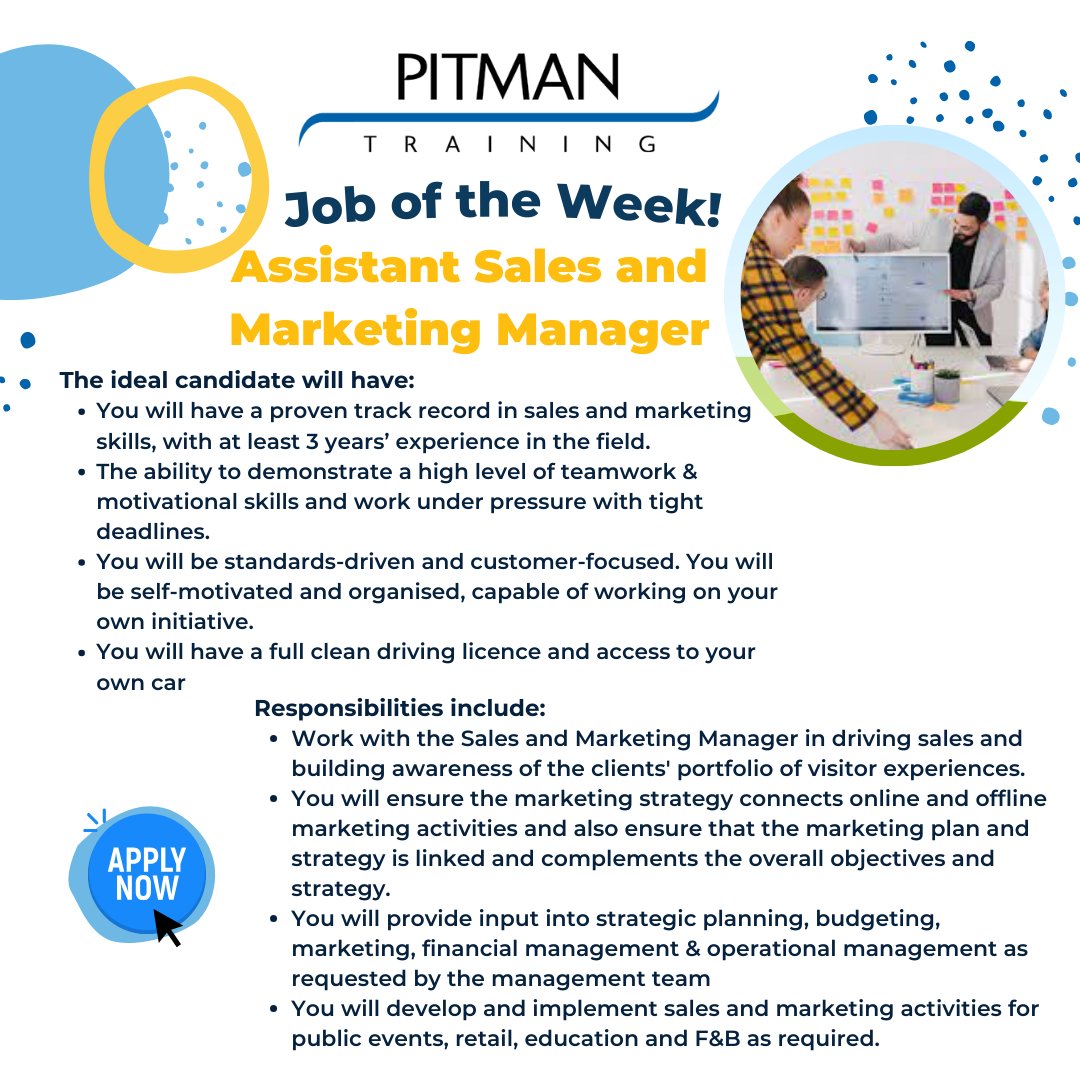 💥Job of the Week💥

Assistant Sales and Marketing Manager- Co. Clare

Is this job for you? 😍 tinyurl.com/5bm5ce23

#joboftheweek #marketingjobs #sales #jobseeker #ennisjobs #pitmantrainingclare