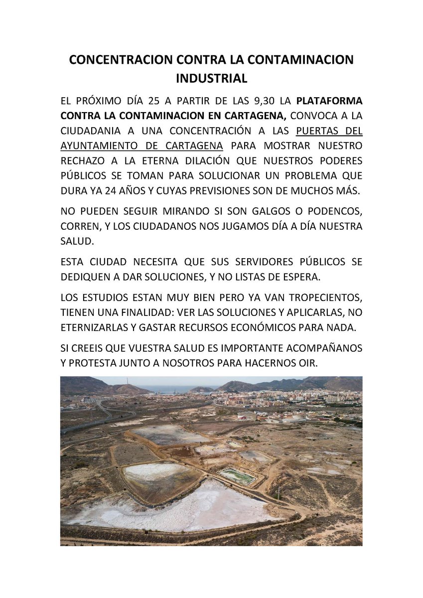 Defiende tu salud el día 25 de abril a las 9.30 frente al Ayuntamiento de Cartagena. Todos estamos afectados por la emisión de polvos tóxicos provenientes del Hondón, Española del Zinc y la Fundición de Plomo de Peñarroya.