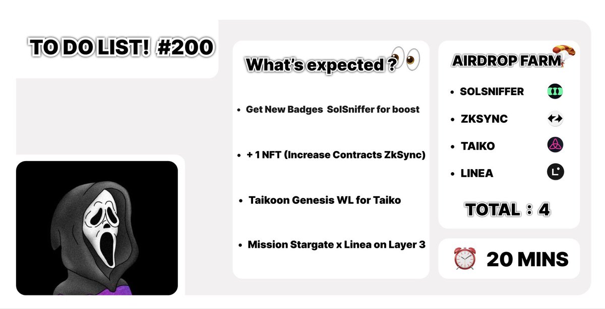 asedd72's tweet photo. 📝 𝗧𝗢 𝗗𝗢 𝗟𝗜𝗦𝗧! #200

🔹 Get New Badges Solsniffer for Boost
🔗 - https://t.co/8phN6BGK3s

🔹 + 1 NFT (Increase Contracts ZkSync)
🔗 - https://t.co/L2gVAxC4Ie

🔹 Taikoon Genesis WL for Taiko
🔗 - https://t.co/1Px4y2fNka

🔹 Mission Stargate x Linea on Layer 3
🔗 - https://t.co/k5HQCE50iL

🔹 Grab your Lottery Ticket ($10 to win)
🔗 - RT this To Do List