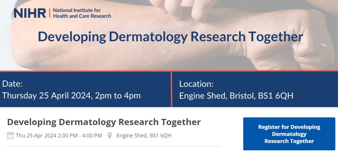 Coming up: Developing Dermatology Research Together Thursday 25 April 2024, 2-4pm, Engine Shed, Bristol, BS1 6QH Join @riddmj & colleagues from @crnwestengland to learn about the exciting range of #dermatology research taking place in our region. ➡️tickettailor.com/events/clinica…
