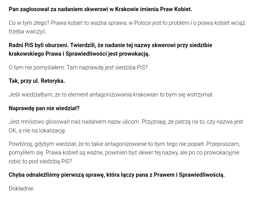 Kandydat na prezydenta Krakowa popierany przez @dgpopiolek przyznaje, że popełnił błąd głosując za nadaniem skwerowi przy siedzibie PiS w Krakowie imienia Praw Kobiet. Tu cały wywiad z @LukaszGibala -> wiadomosci.wp.pl/krakowskie-wyb…