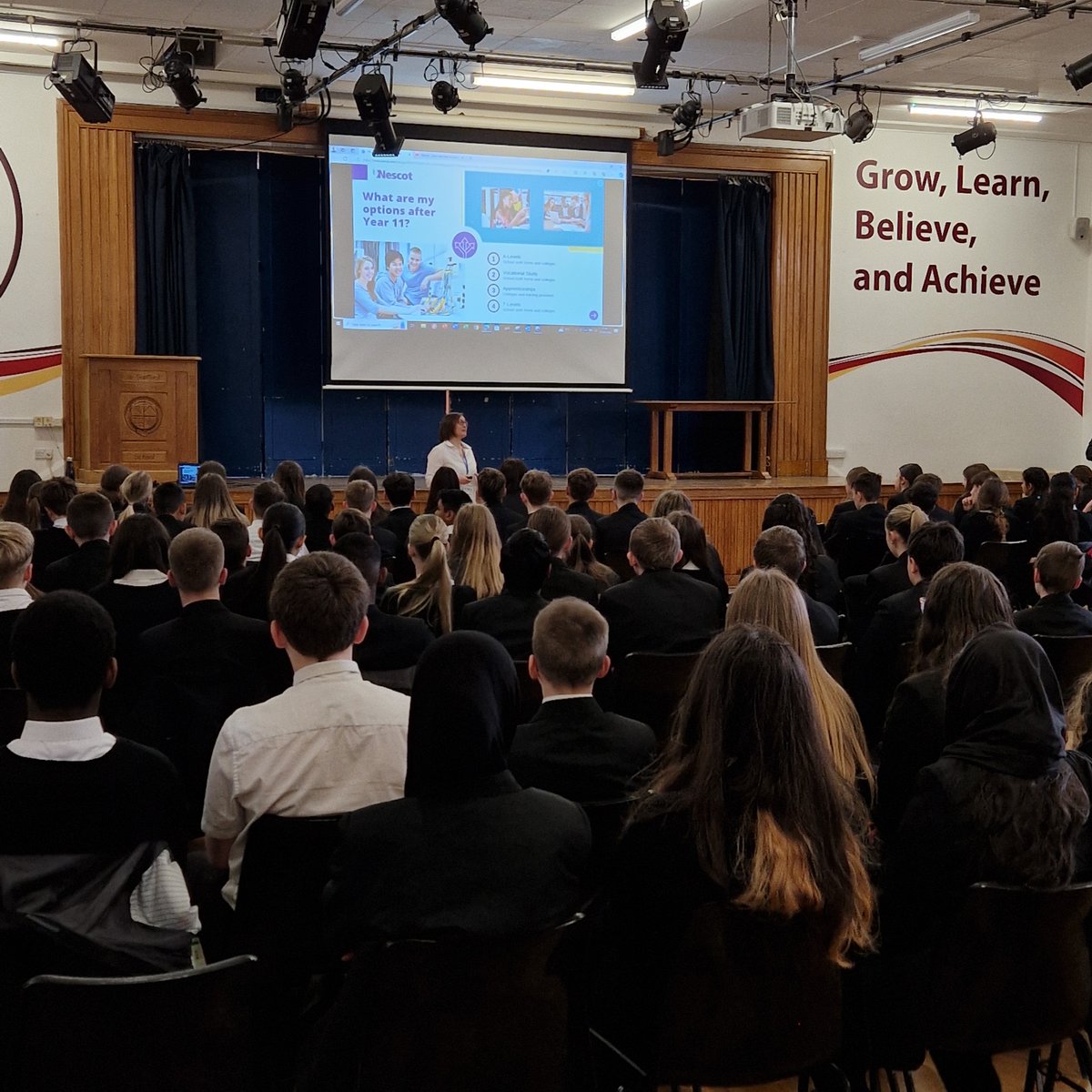 A huge thank you to Hayley Dawson from Nescot College who delivered an excellent presentation to our Year 9 cohort this morning all about their Post-16 training courses and facilities 👏