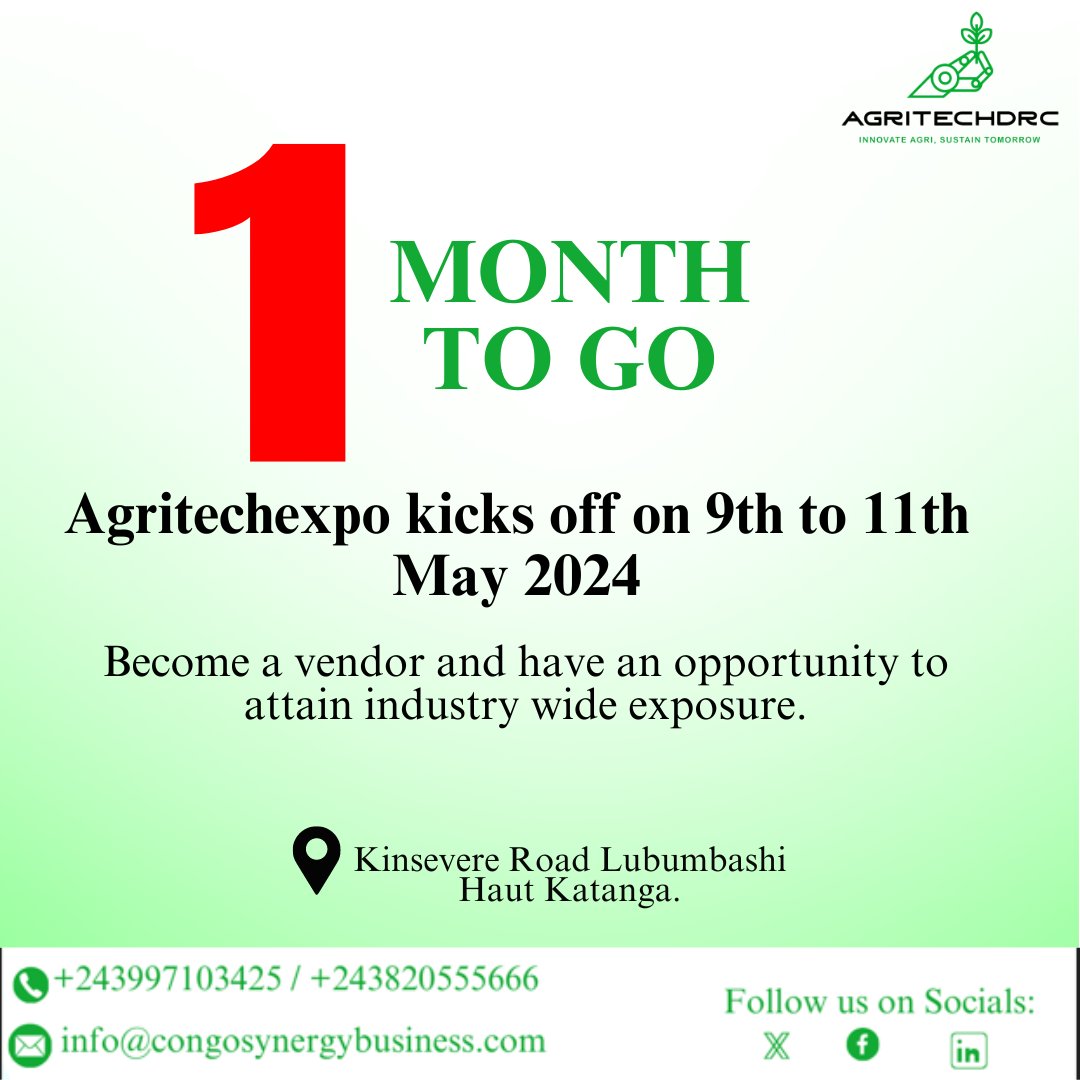 agritechexpodrc's tweet photo. We are ONE MONTH away!  

The countdown to the Agritech Expo 2024 is on. Join us from May 9th-11th, for an unforgettable experience that will shape the future of Agriculture in DRCongo  

#AgriExpo #AgriExpo2024 #Agriculture #Farming #Agritech #Agritechexpo #Agritechexpo2024 https://t.co/hD3osMUwle