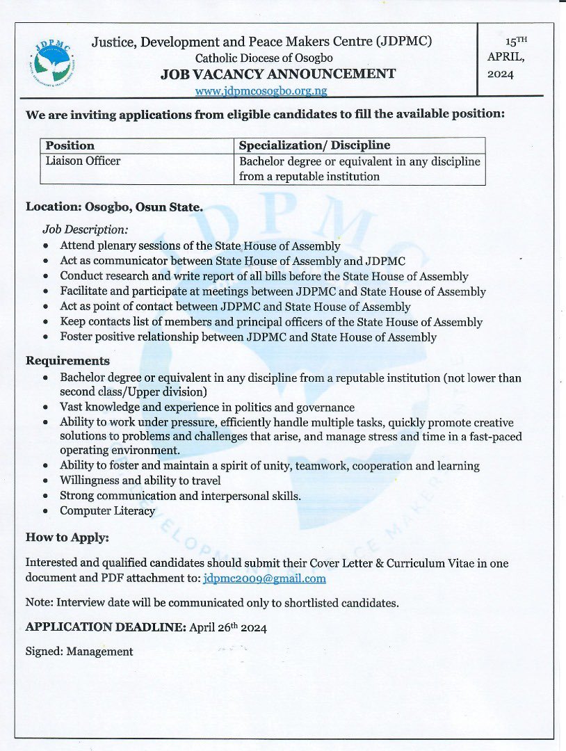 JOB VACANCY: Liason Officer, JDPMC Interested persons should go through the application information on the attached flyer and apply as directed. Good afternoon. 🤝🤝🤝 #InsideOsogbo