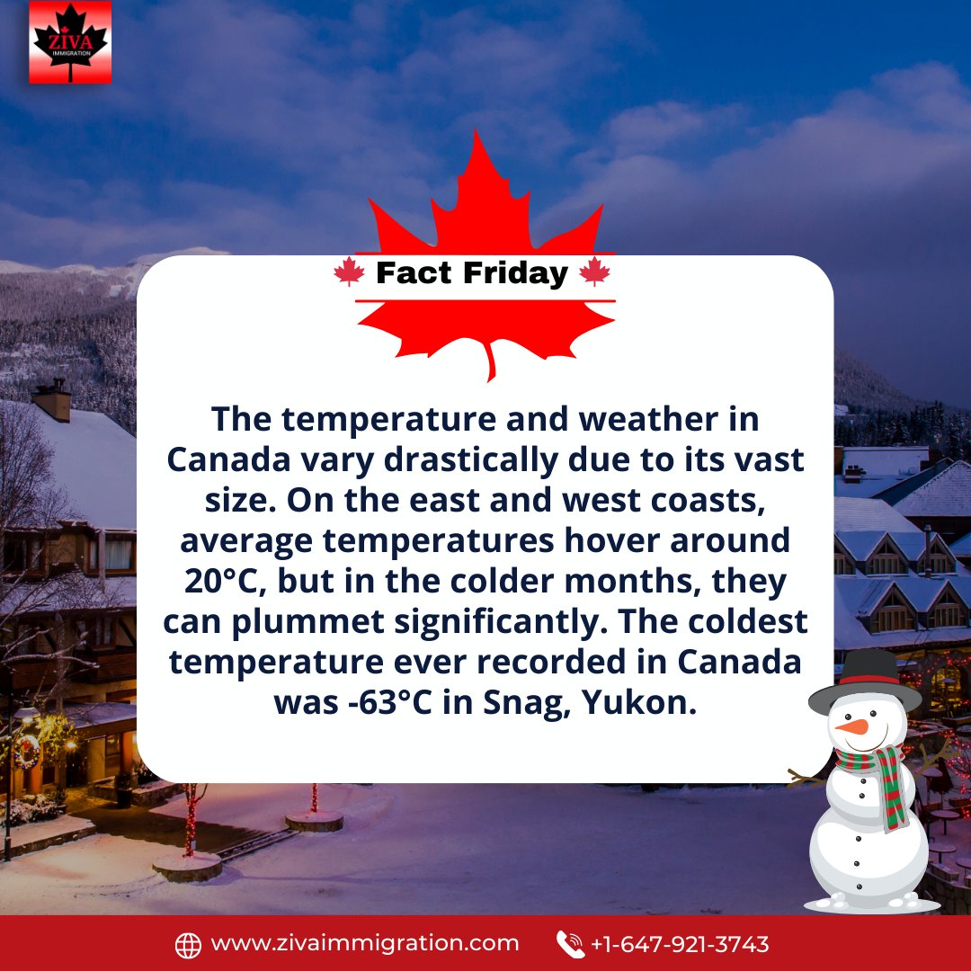 Experience the extremes of Canadian weather! From balmy 20°C coastlines to a chilling record low of -63°C in Snag, Yukon. 🇨🇦
#CanadaWeather #ExtremeCold #CanadianClimate #DiscoverCanada #TravelCanada #CanadaImmigration #immigrationconsultant  #zivaimmigration #canadavisa