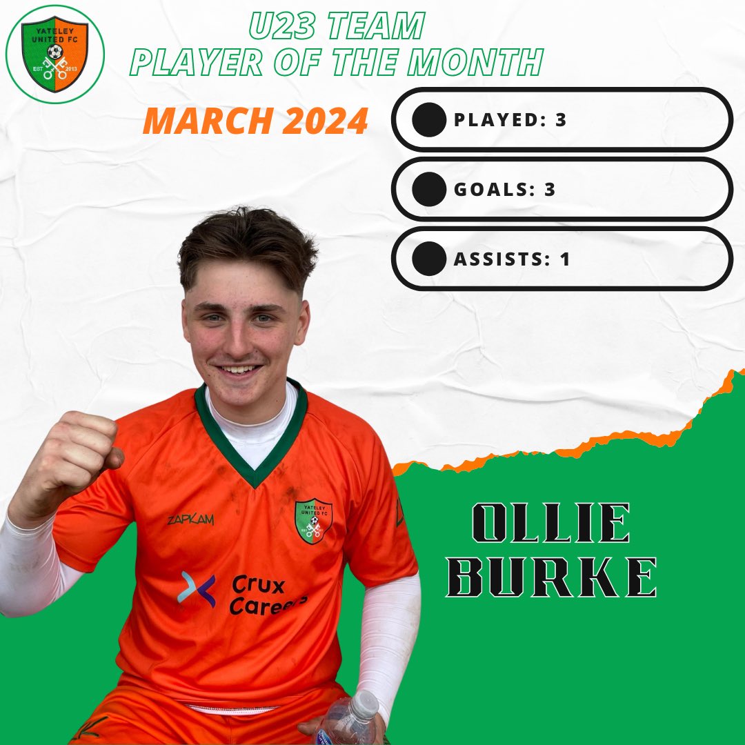U23 Team Player of the Month - Ollie Burke Congratulations Ollie on winning March U23 Team Player of the month! A great month for Ollie who scored his first goal for the club following with a hat trick! #YUFC #GreenArmy #UnitedForTheCommunity