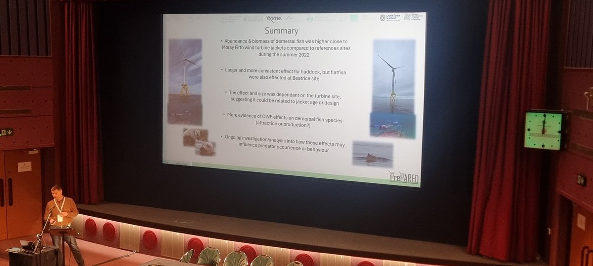 Wind turbines can attract certain demersal fish and flatfish. Effects could be site specific or related to turbine structure design. More #funding needed to collect/ incorporate data on natural seasonal variation in fish abundances. 
Great talk by @DrTonyBicknell @eimr2024