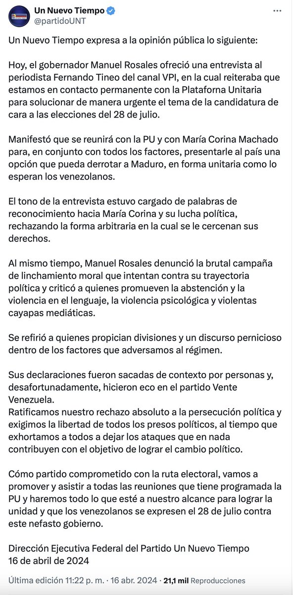 La entrevista youtube.com/live/4g-6imPEz… Qué dijo: “Muchas de esas personas están dentro de la estructura de María Corina, no creo que ella esté en eso, me niego a creer en eso, son, este, entiendo yo, gente que no creen en la ruta electoral y creen en la abstención y la violencia”