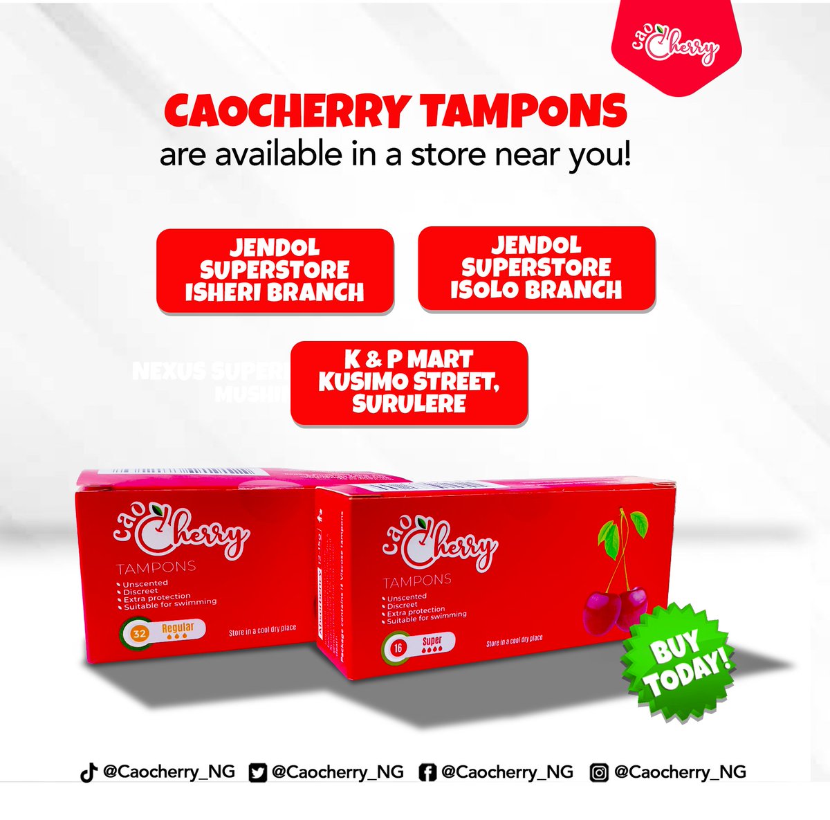 Exciting update!

Your preferred tampons are now stocked in these outlets.

Count on us to enhance the convenience and accessibility of your period care routine.

#PeriodSupport #FeminineCare #FeminineHygiene #MenstrualHealth #WomenWellness #MenstrualEducation #MenstrualAwareness