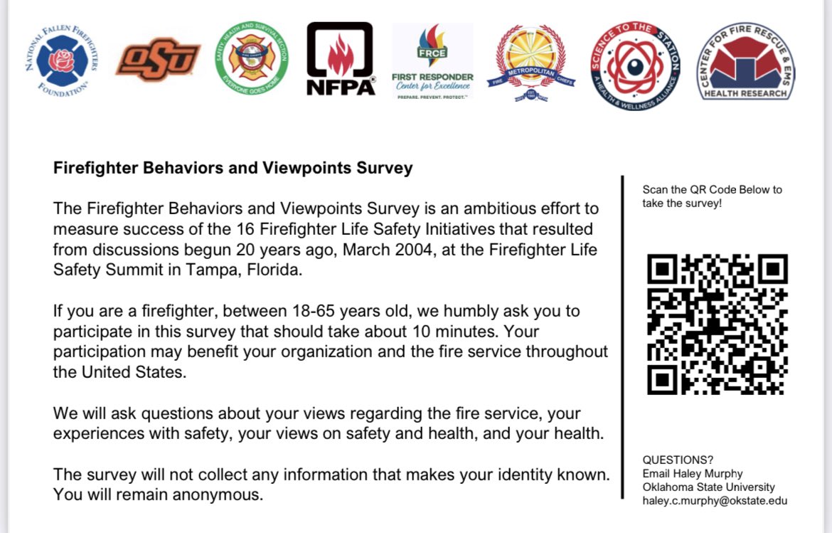 Want to contribute to advancing safety in the US fire service, take this 10 minute @NFFF_News survey. @fireengineering @IAFC_SHS @NFPA @1stresponderctr @ScienceAllianc3 @PIOMarkBrady @ChiefRubin @floridaFFsafety @SPrziborowski @NEFireChiefs @Josh_IAFF @mcfrsPIO @Chief600KJ