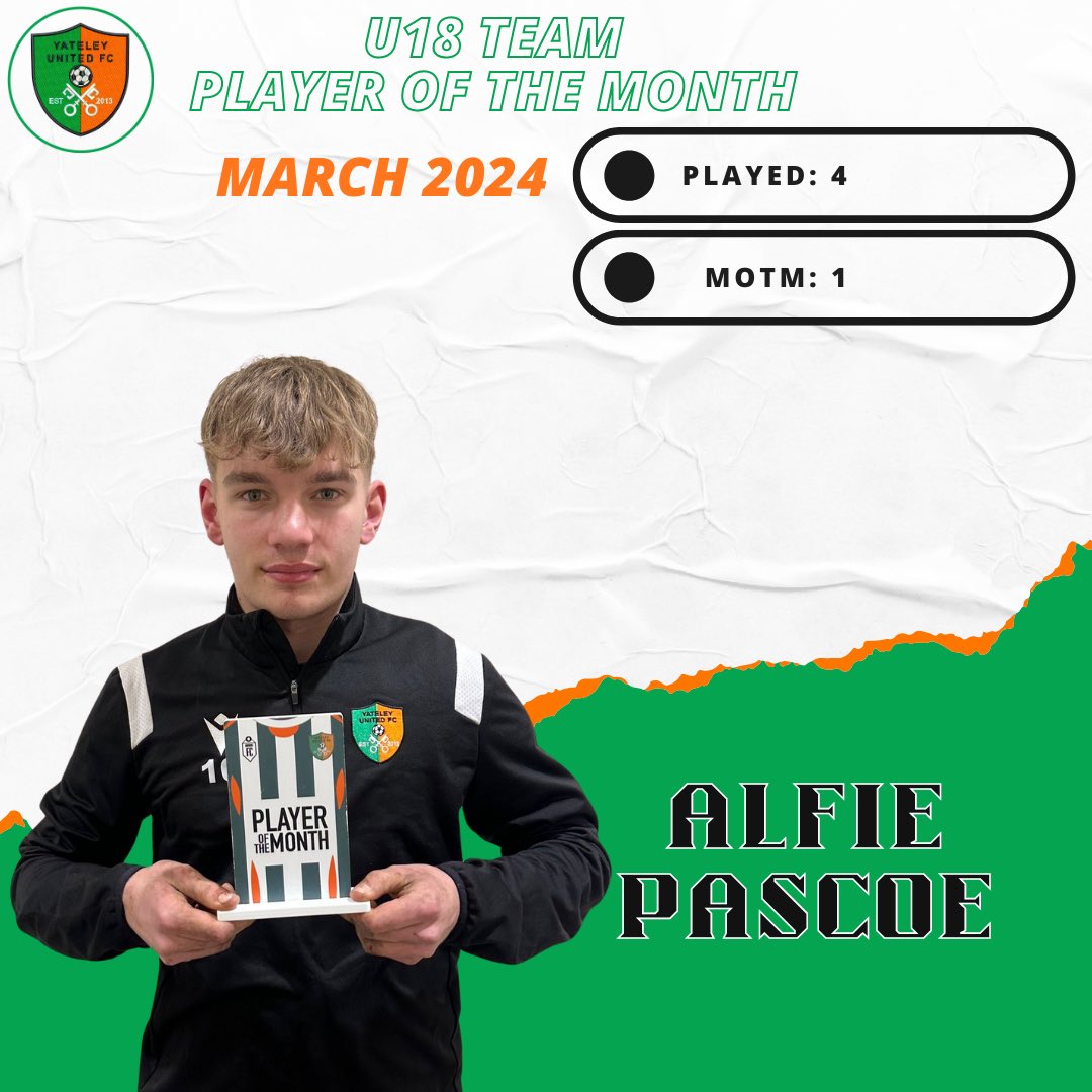 U18 Team Player of the Month - Alfie Pascoe Congratulations Alfie on winning March U18 team player of the month! Brilliant March from the 18s skipper pavement Pascoe! #YUFC #GreenArmy #UnitedForTheCommunity