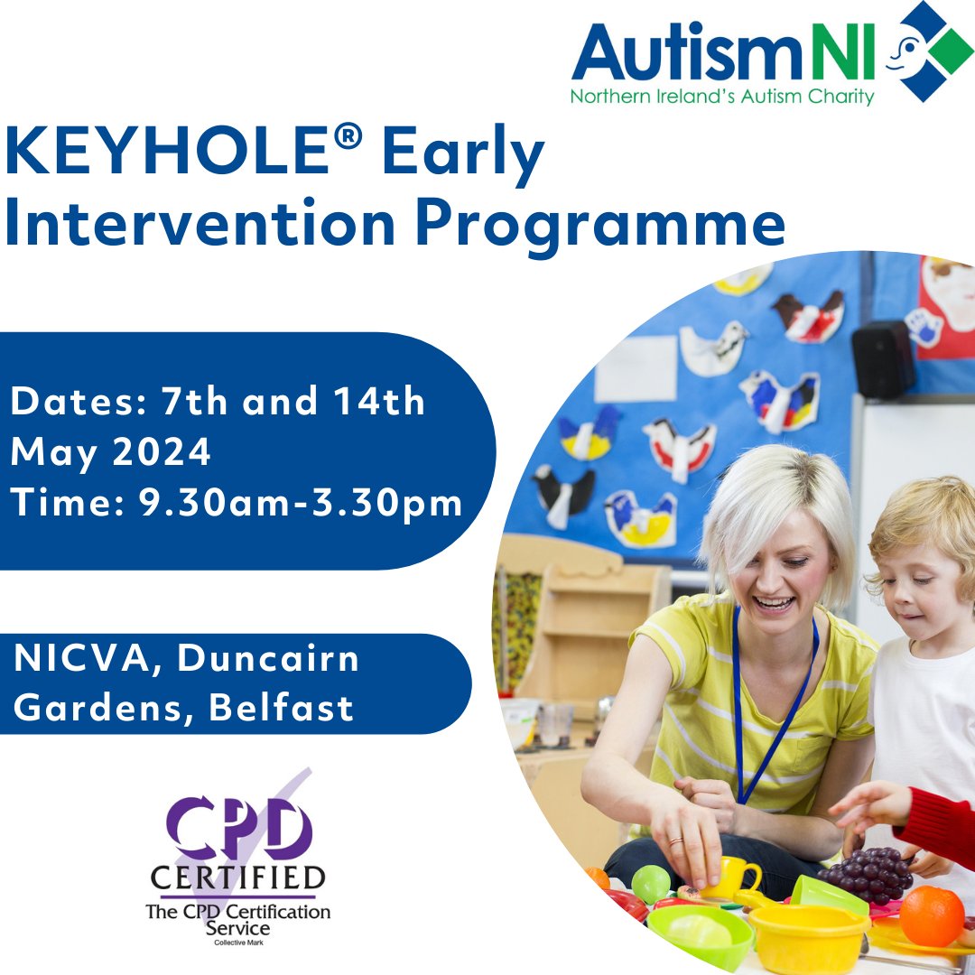 Are you an early years professional working with pre-school children? Our Keyhole Early Intervention Programme in Autism on 7th and 14th May is just for you! Book a place today at, autismni.org/keyhole-early-…
#earlyintervention #autismsupport #inclusiveeducation #earlyyears
