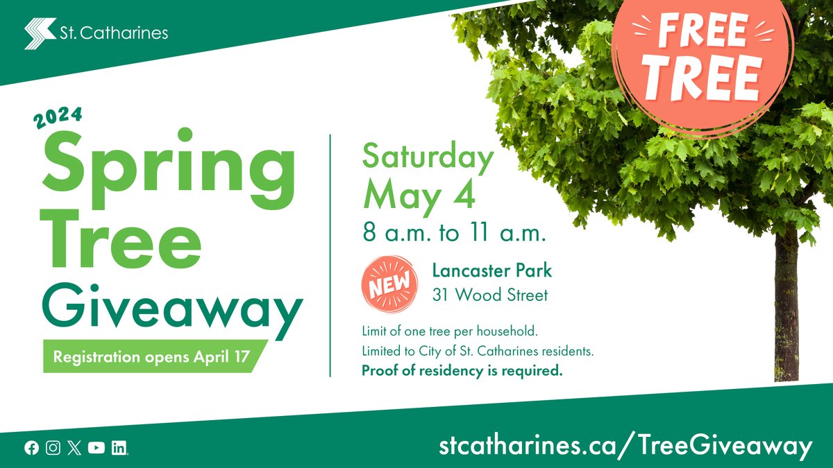 🌳 Registration opens today at 8 a.m. for St. Catharines residents to reserve your free tree during the City's 2024 Spring Tree Giveaway! 📌 NEW PICKUP LOCATION - Lancaster Park. 🌿 American Beech, Hackberry, Pincherry and Spicebush available. 📰 More ➡ bit.ly/49E2ISD