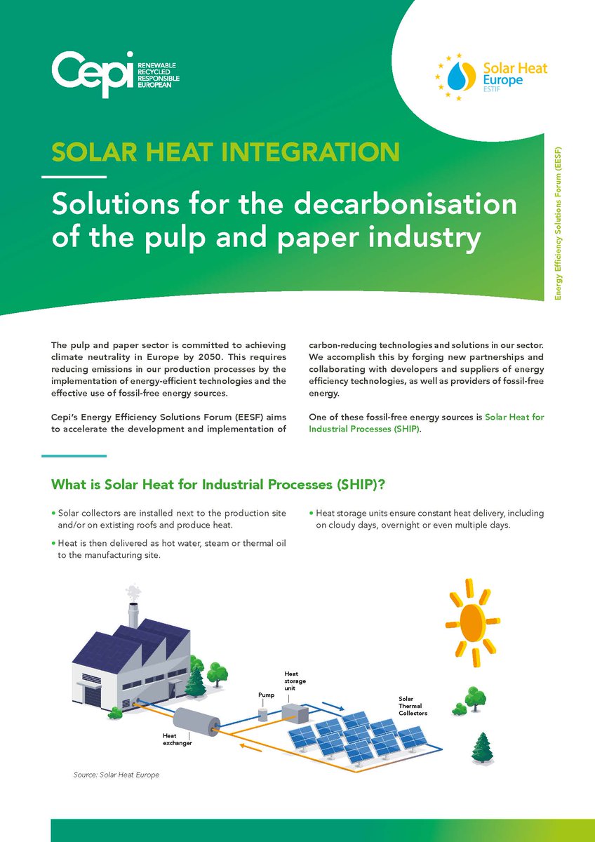 ✨ Cross-sectoral collaboration drives the #energytransition. Today, in partnership with @cepi_paper, we are excited to publish a factsheet on #solarheat integration as a solution for the decarbonisation of the #pulpandpaper industry.☀️📜 👉solarheateurope.eu/about-solar-he…