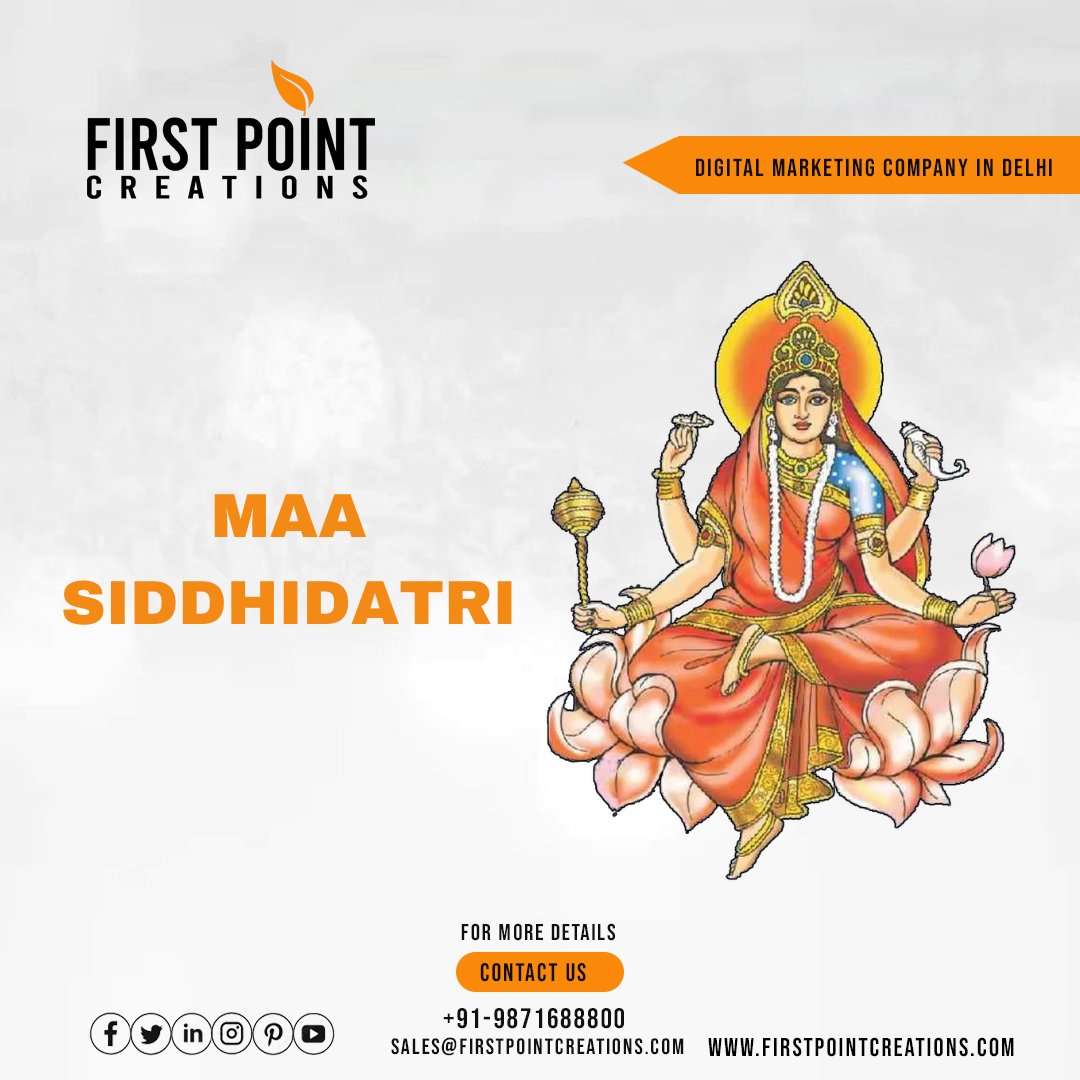 Siddhidhatri is the ninth and final among the Navadurga (nine forms) aspects of the Hindu mother goddess Mahadevi. FOLLOW US @firstpointcreations Contact Details: ☎ +91 9871688800 | +91 (11) 41552455 🌐 firstpointcreations.com 📧 Email: sales@firstpointcreations.com #navratri