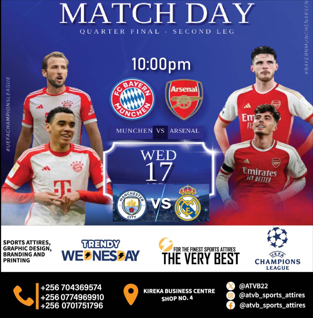 ATVB22's tweet photo. Exciting night ahead in the #UCL! Bayern vs. Arsenal and Man City vs. Real Madrid – two epic quarter-final showdowns. ⚽️ Who will emerge victorious? #championleague https://t.co/Q9iVrNhZla