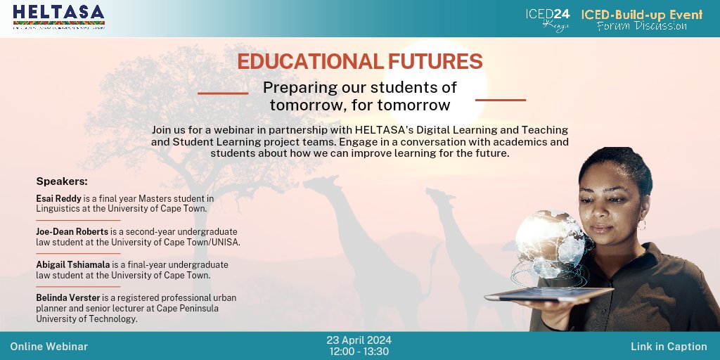 Join us for a webinar to engage in a conversation with academics and students about how we can improve learning for the future. 📈📚

Join the Zoom Meeting on the link: uct-za.zoom.us/meeting/regist…

#HELTASA #improvelearningandteaching #highereducation  #academics #webinar #joinus