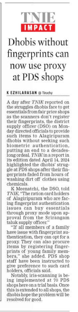 Fulfilling to see efforts make a difference. Responding to my story for @xpresstn about the dhobis with lost fingerprints struggle to get ration items, officials take steps to provide essentials to such ration cards through authorized proxies.
