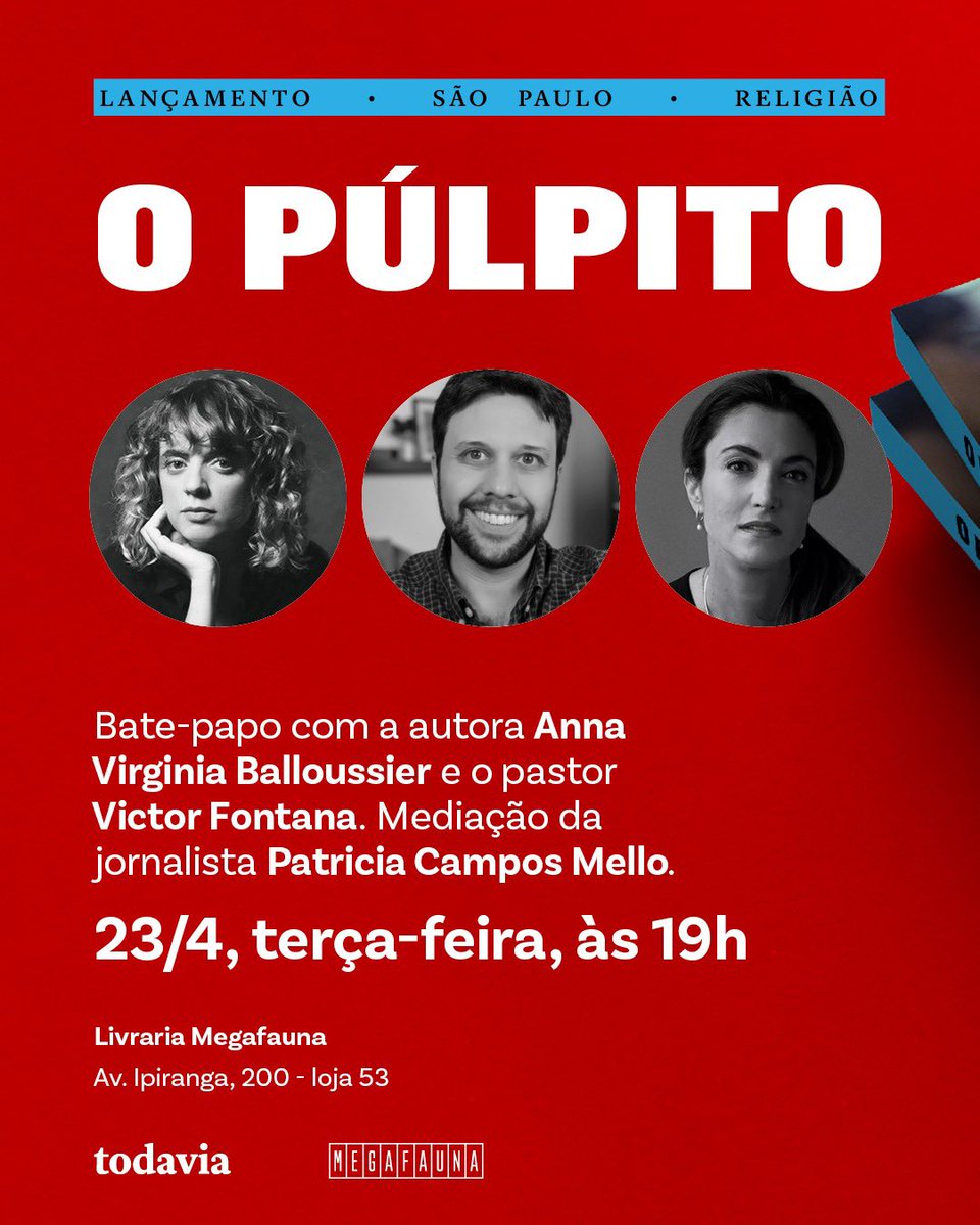 Convido a todos para o lançamento em São Paulo do meu livro “O Púlpito”, dia 23, uma terça-feira. Simbora?