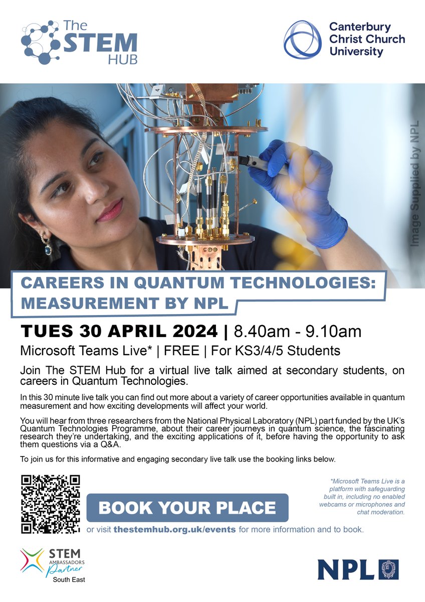 #Secondary #Students don't miss out watch the National Physical Laboratory's #Quantum technologies virtual #Careers talk next Tues 30 April. More info & register for FREE here: tinyurl.com/42hayusn #STEMeducation #TEACHers #UkEdChat #HomeEducator #teachertwitter @NPL
