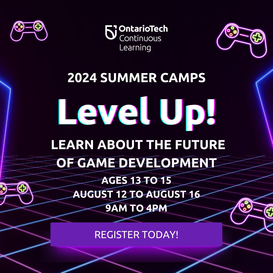 Take your coding skills to the next level at the Ontario Tech Faculty of Business & Information Technology Gaming & Virtual Reality Laboratory. A variety of advanced coding environments will be explored such as JavaScript, Twine, and more! To register: Ontariotechu.ca/summercamps